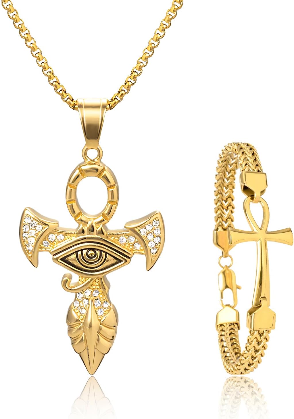 Egyptian Necklace and Bracelet Set Stainless Steel Chain with 18K Gold Plated Anubis Ankh Eye of Horus Pendant Necklace Protection Jewelry Gift for Women Men