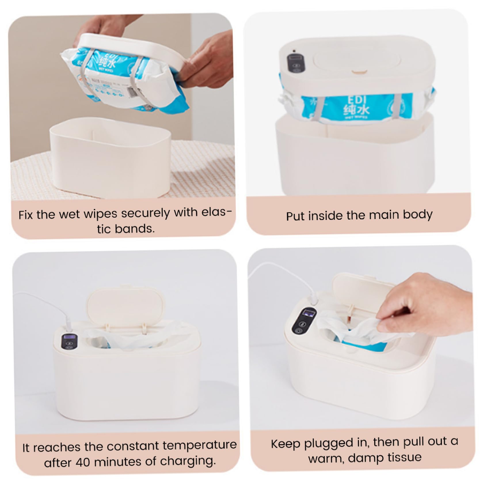 Chauffe-lingettes bébé 40-60 °C réglable silencieux écran LED distributeur USB portable