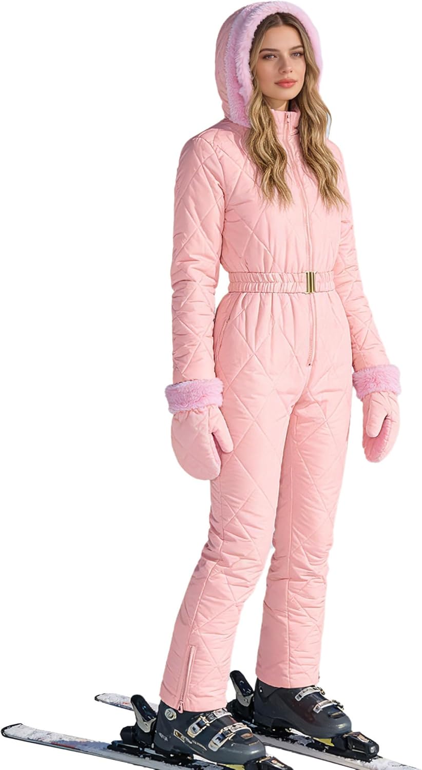 easyforever Women's Insulated Ski Suit Hooded Thermal One-piece Jumpsuit For Snow Sports Pink X-Large