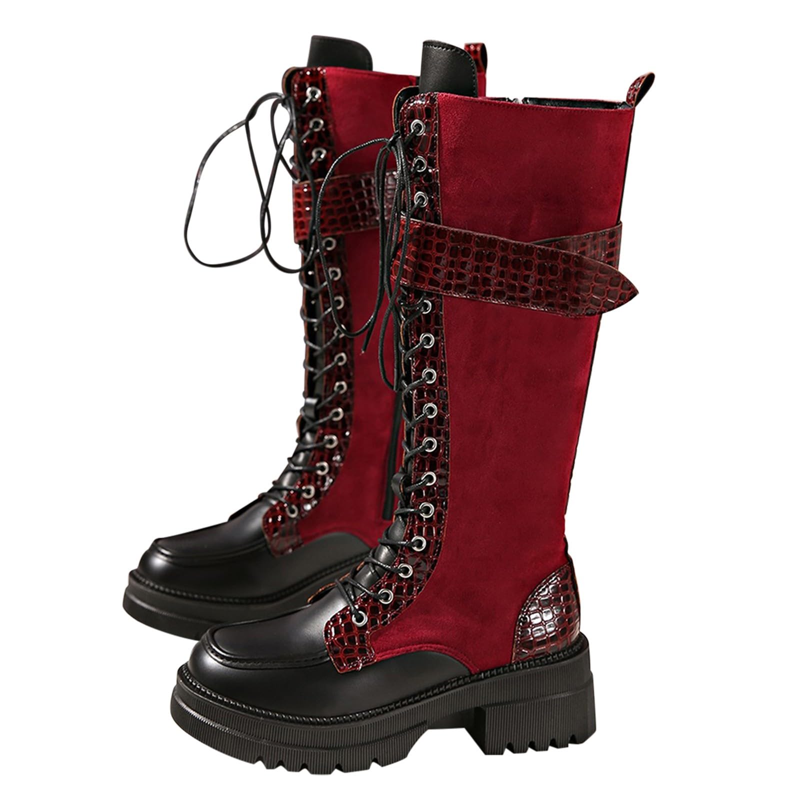 Springerstiefel Damen Kniehoch Schnürstiefel Leder Plateau Combat Boots