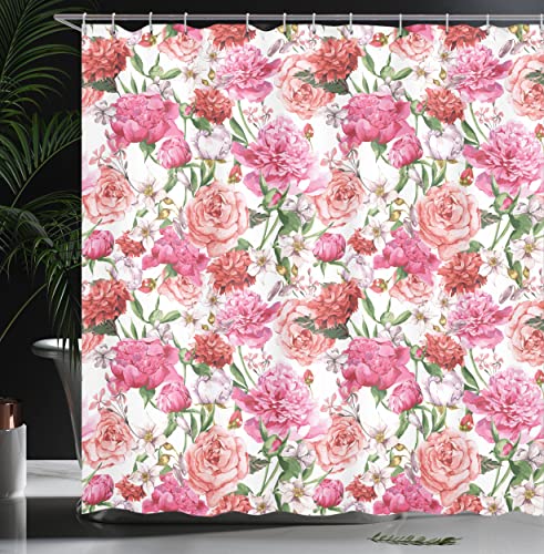 Ambesonne SC_13889_FLOWER_06.11 Watercolor Flower Shower Curtain, Victorian Floral Pattern Painting Style Print With Peonies Roses, Cloth Fabric Bathroom Decor Set thumb #2