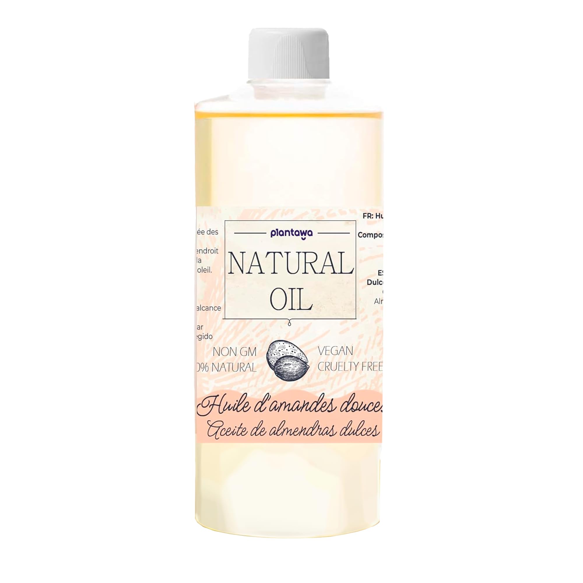 Plantawa Aceite Almendras Dulces 500 ml | Aceite Corporal 100% Puro y Natural Ideal para Embarazo y Estrias | Aceite Masajes con Máxima Absorción, Hidrata Cuerpo, Piel, Cabello y Aporta Vitamina E