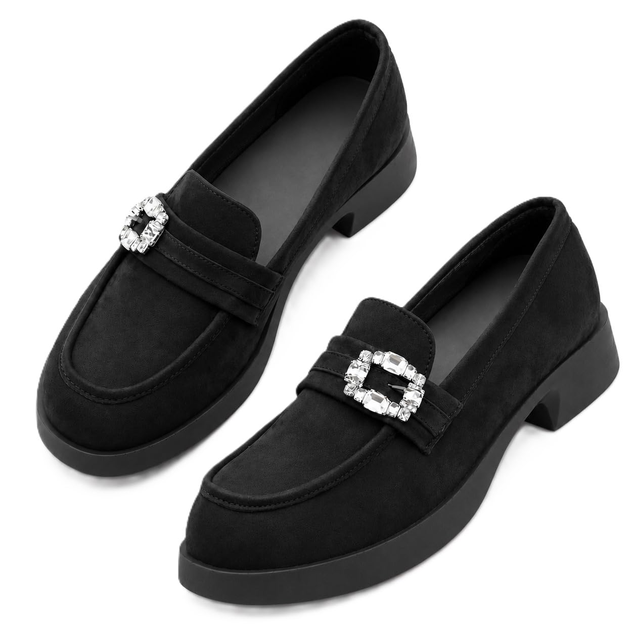 Women's Block Heel Loafers and Casual Slip-On Shoes with Shinny Stone Buckle Design and Anti-Skid TPR Sole.-image-6