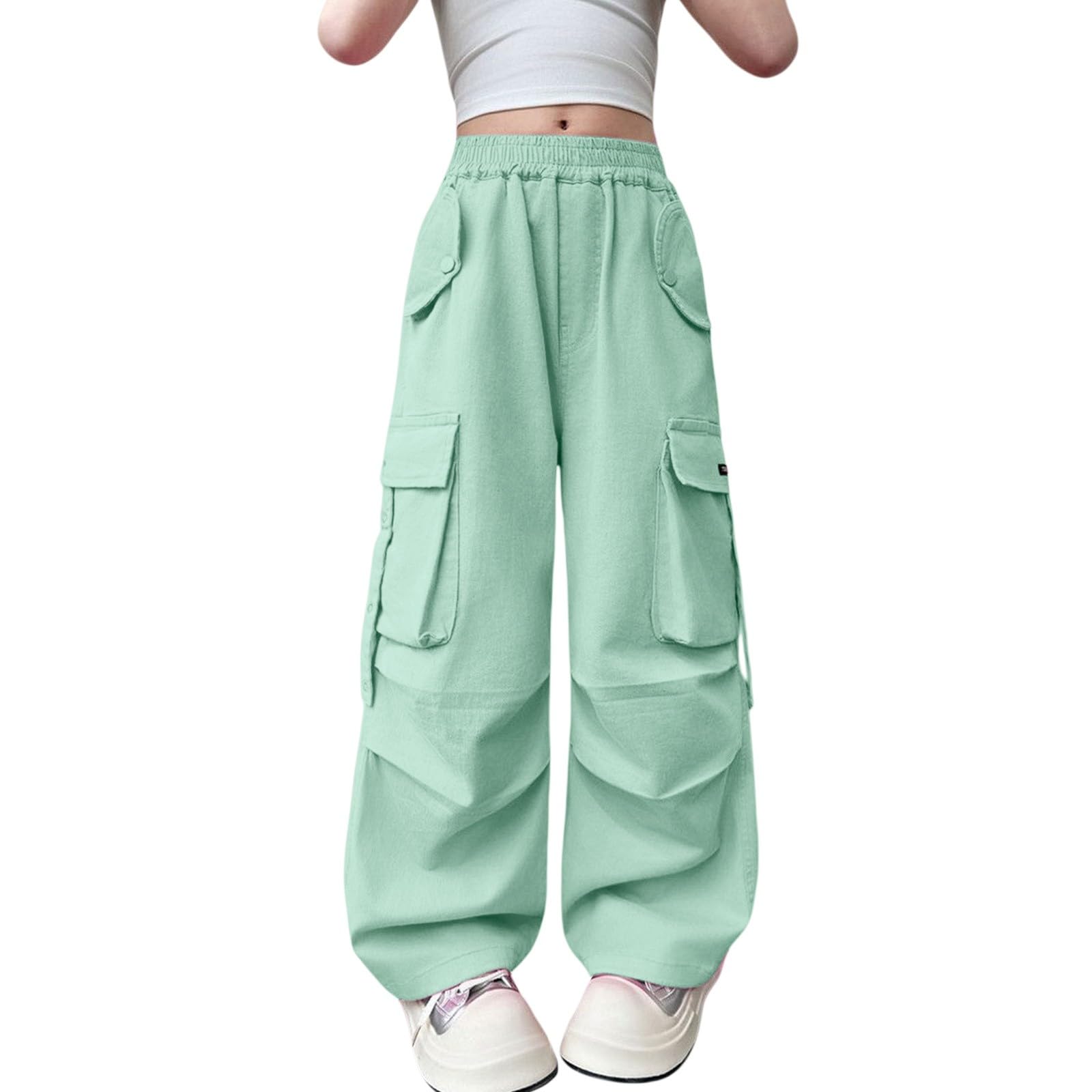 Baggy Cargohose Mädchen High Waist Cargo Hose Girls Weites Bein Stretch Elastischer Bund Trainingshose Kinder Hohe Taille Y2K Streetwear Lässige Sweatpants Jungen
