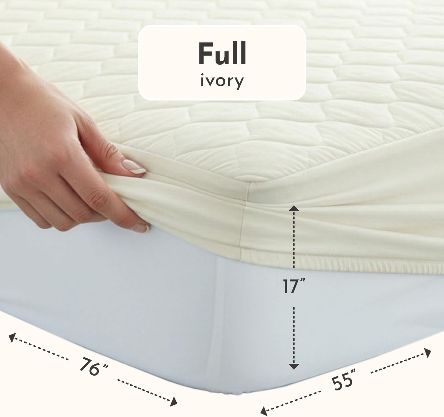100% Cotton Organic Mattress Protector | Breathable & Noiseless GOTS Organic Mattress Pad with Premium 300GSM Durability | Machine Washable Quilted Bed Protector with Deep Pocket (Ivory, Full)