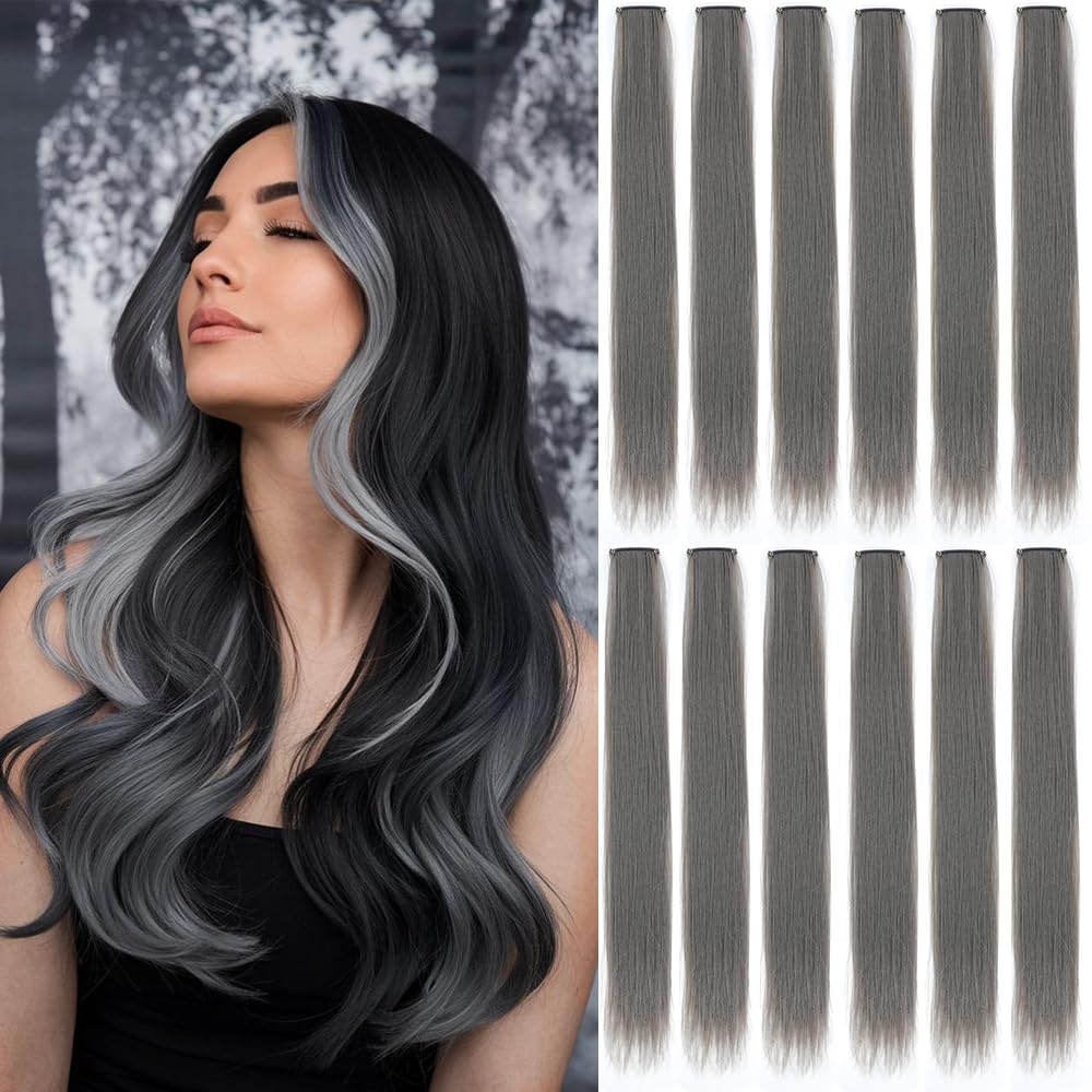 Photo 1 of GZVIS 12 Pcs Dark Grey hair extensions 22 Inch Straight colored hair colorful clip in extensions Highlight Party for Kids Girls and Women Gift (Dark Grey,38)