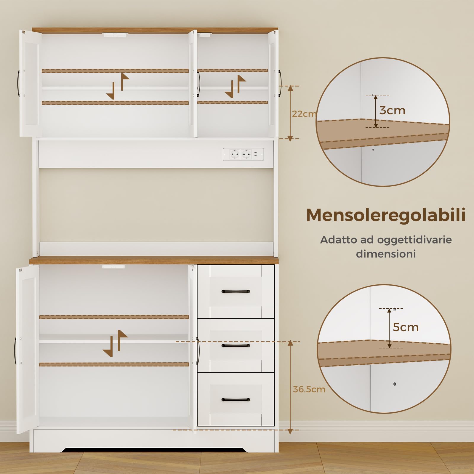 BEWISHOME Credenza Cucina Soggiorno, Alta con Illuminazione a LED, Mobile Dispensa Cucina con 5 Ante e 3 Cassetti, Ripiani Regolabili, con 2 Prese Elettriche e 2 Porte USB, Bianco,100x40x180 cm