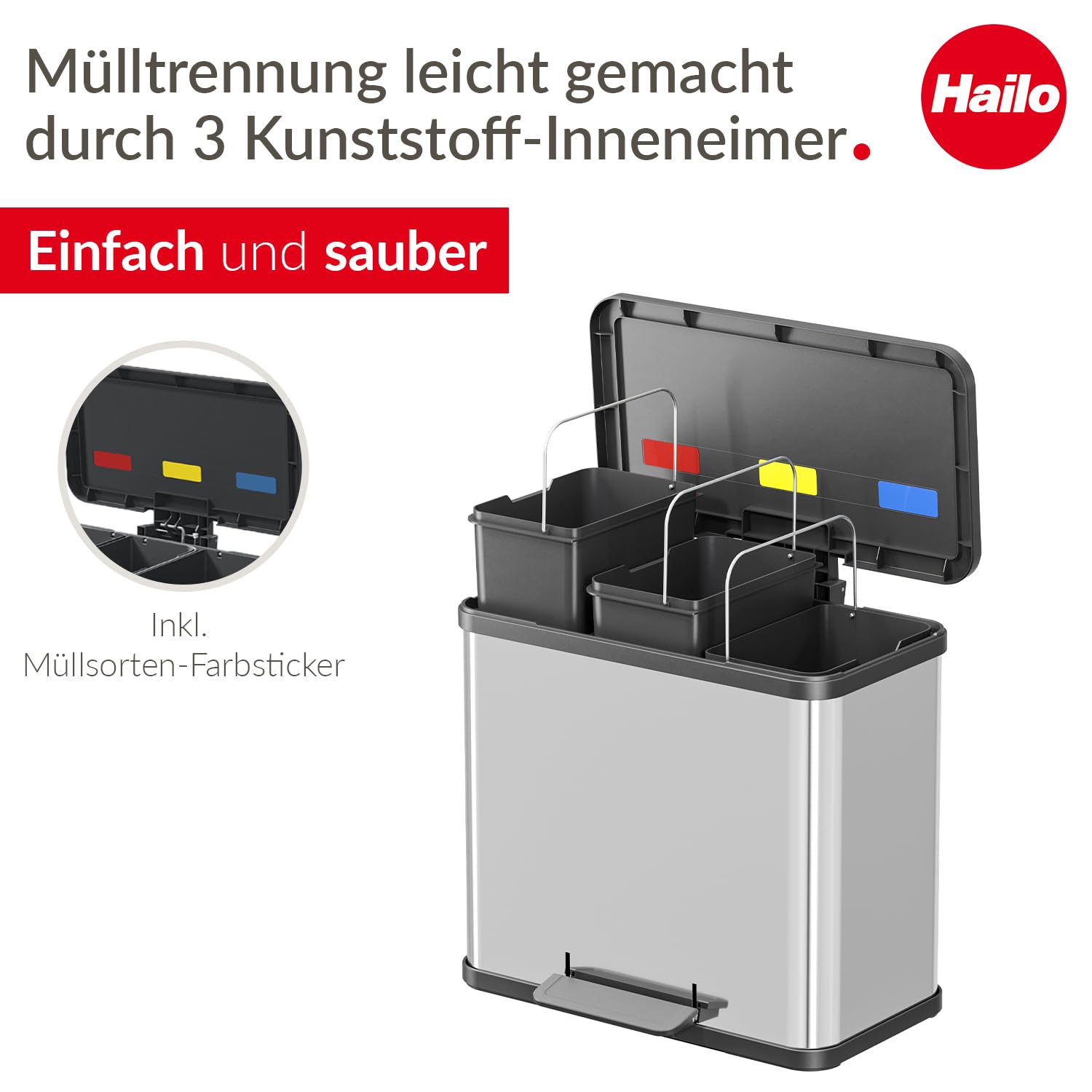 Hailo Öko trio Plus L Tret-Mülltrenner - freistehender 3 x 9 Liter Dreifachmülleimer aus Edelstahl - Mülltrennsystem mit soft close Deckel - 3-fach Abfalltrenner für die Küche | Trio Plus L, Volumen 3 x 9 l, Edelstahl