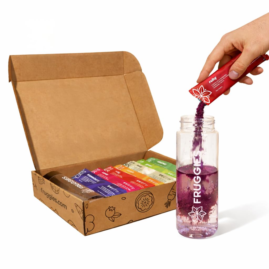 Fruggies® Kit Découverte – 7 Mélanges à base de Fruits et Légumes Lyophilisés BIO + Bouteille Réutilisable – 2,5 Portions par Sachet – Fibres Vitamines Minéraux - Sans Sucres Ajoutés Made in France