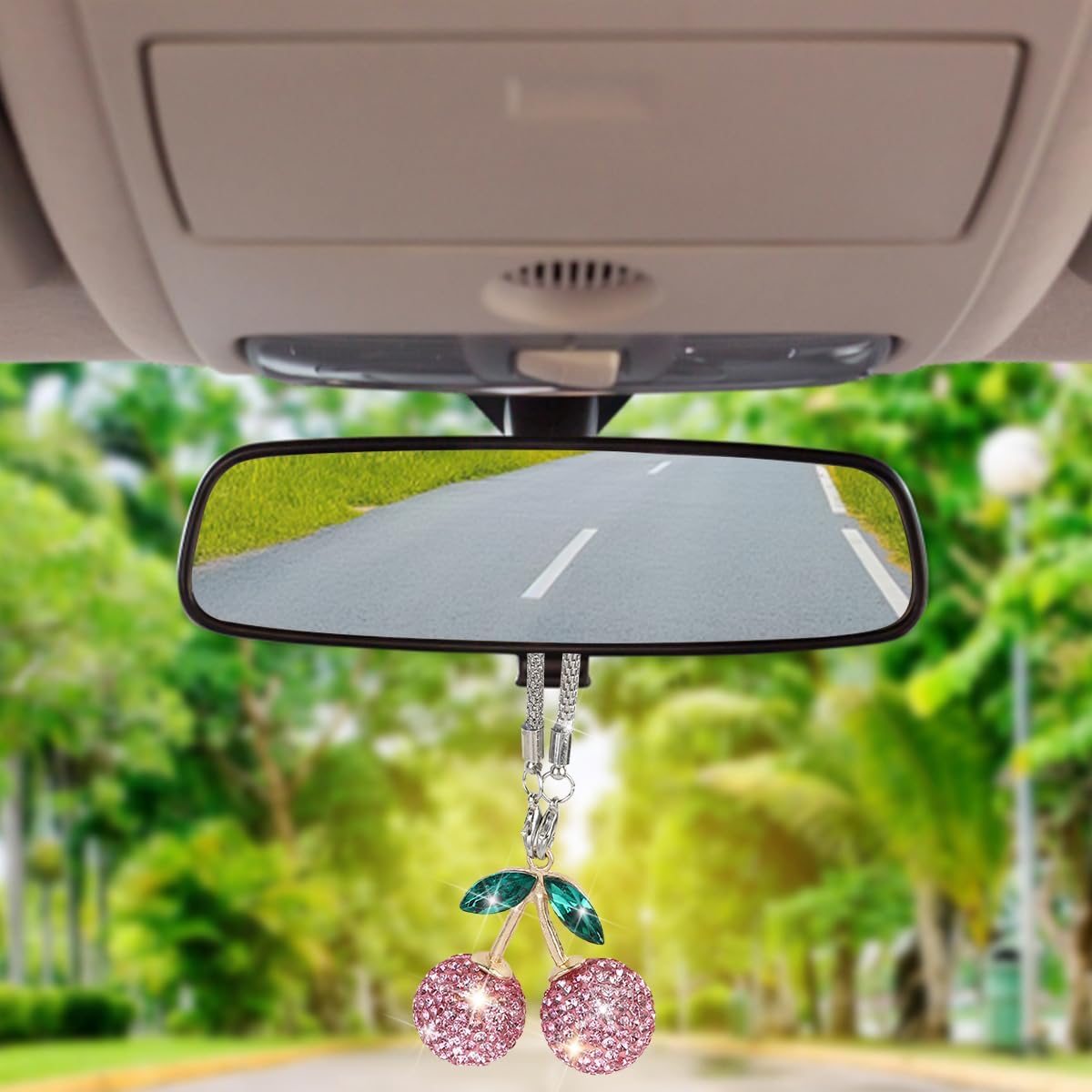 Bling Car Rear View Mirror Hanging Ornament, Cute Sparkly Crystal Rhinestone Cherry Vehicle Pendant, Lucky Diamond Automotive Interior Decor, Universal for Truck SUV Sedan (Pink)
