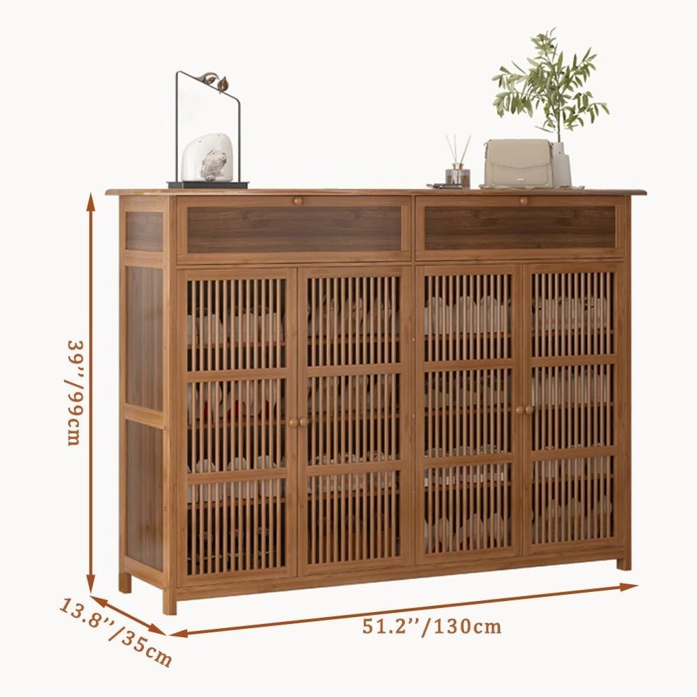 Armario Zapatero Bambu, Armario Entrada Recibidor de 5 Niveles, Cajón Doble con Puertas Mueble Zapateros, 130 x 35 x 99 cm Zapatero Rustico, Marrón