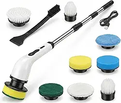 Mop Esfregão Elétrico 9 em 1 Recarregável – Escova Giratória 360°, Cabo Extensível 70–110cm, Kit com 9 Acessórios para Limpeza Pesada, Banheiro, Cozinha, Vidros e Rejuntes
