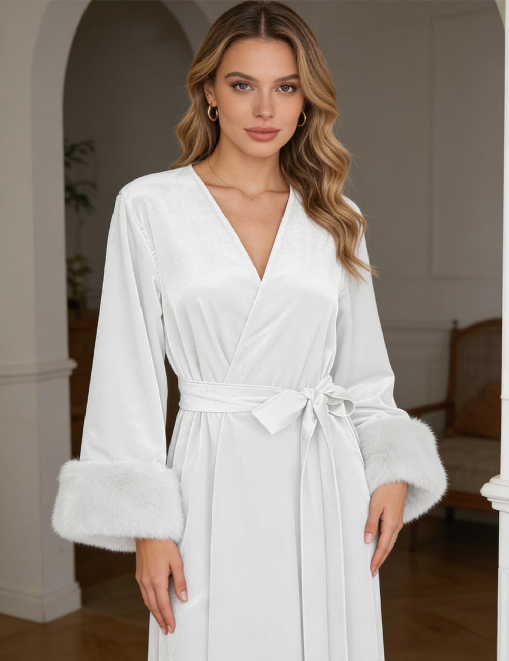 Women's Velvet Bridal Dressing Gown Sleepwear Feather Bridal Robes Sexy Lingerie for Women