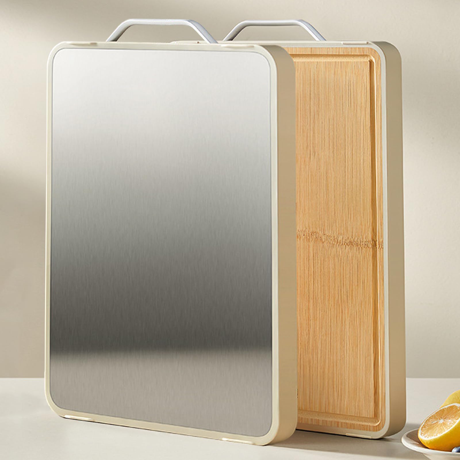 Tabla de cortar de acero inoxidable, tabla de cortar de doble cara para cocina, tabla de cortar de acero inoxidable y bambú con ranura para jugo y asa, bandeja de queso de embutidos de madera,