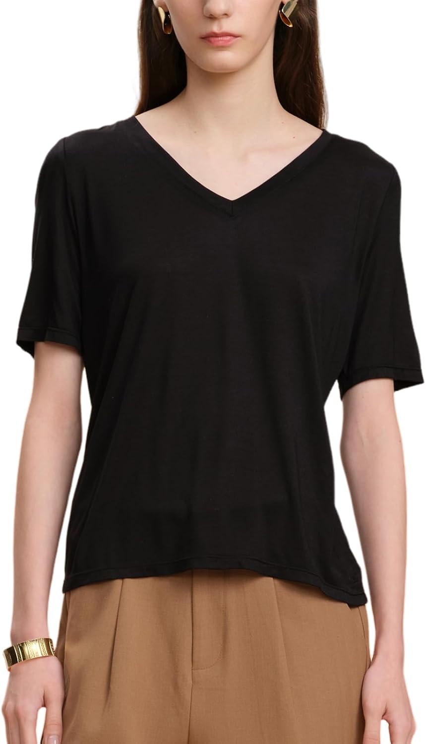 Women's Mulberry Silk Blend V-Neck T-Shirts Summer Short Sleeve Basic Tees Cool Smooth Ladies Soft Classic Tee Shirt