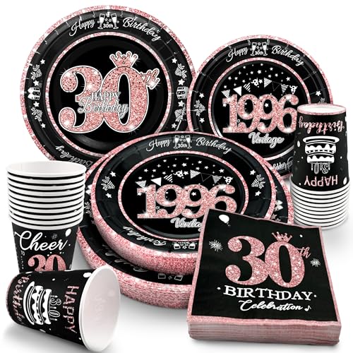 Image of 30th Birthday Decorations Rose Gold, Service for 30, Vintage 30th Birthday Party Supplies Includes Rose Gold 1996 Plates, Napkins,Cups, Plates and Napkins for Women