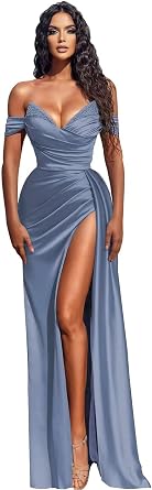 Off Shoulder Mermaid Prom Dresses Satin Ball Gown 2026 Long Slit Beaded Formal Evening Party Bridesmaid Gowns