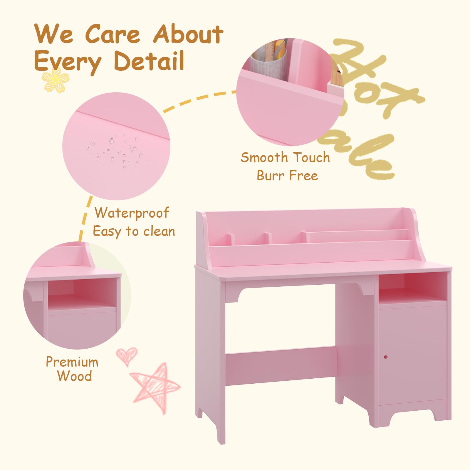 Escritorio Infantil con Silla de Madera con Estantes y Taquilla, Escritorio Infantil con Silla de Madera, Mesa de Aprendizaje Multifuncional para Niños y Niñas de 3+ Años