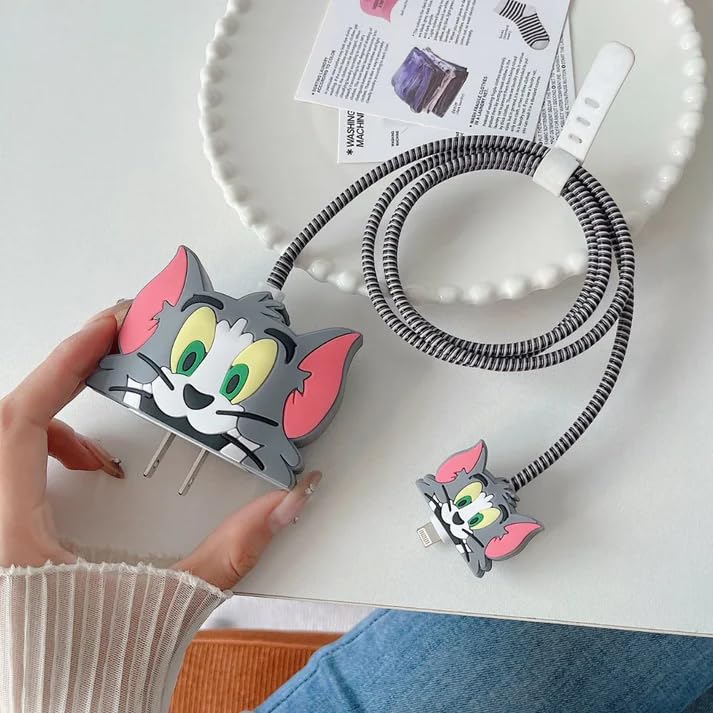 Image of skysia Charger Protector Case - 4-in-1 Silicone Cable Protector, Cute Design, Multi-Color Combo, for 18W-20W iPhone Adapters, 2-Pack (Tom & Jerry)