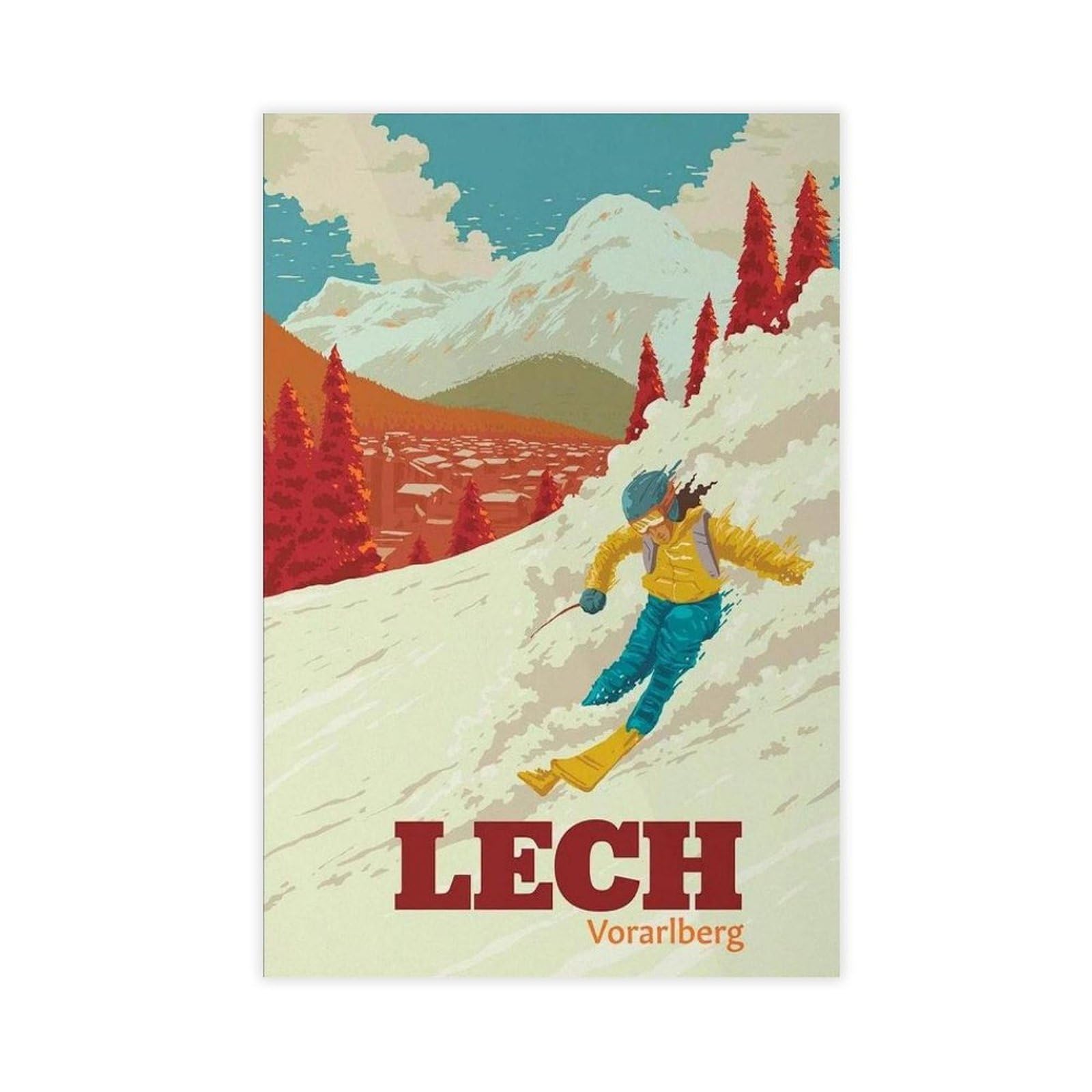 Qgvbgf Lech Ski Resort Poster, Austria Skiing Print Canvas Poster Wall Art Decor Print Picture Paintings For Living Room Bedroom Decoration 12X18inch(30X45cm)