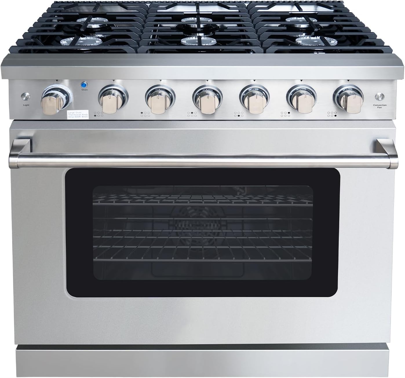 Sinda 36” Gas Range Stove with 6 Burner Cooktop 6.0 cu.ft Oven Cast Iron Grates Commercial Convections Two Porcelain Oven Racks Natural Gas/LP Convertible