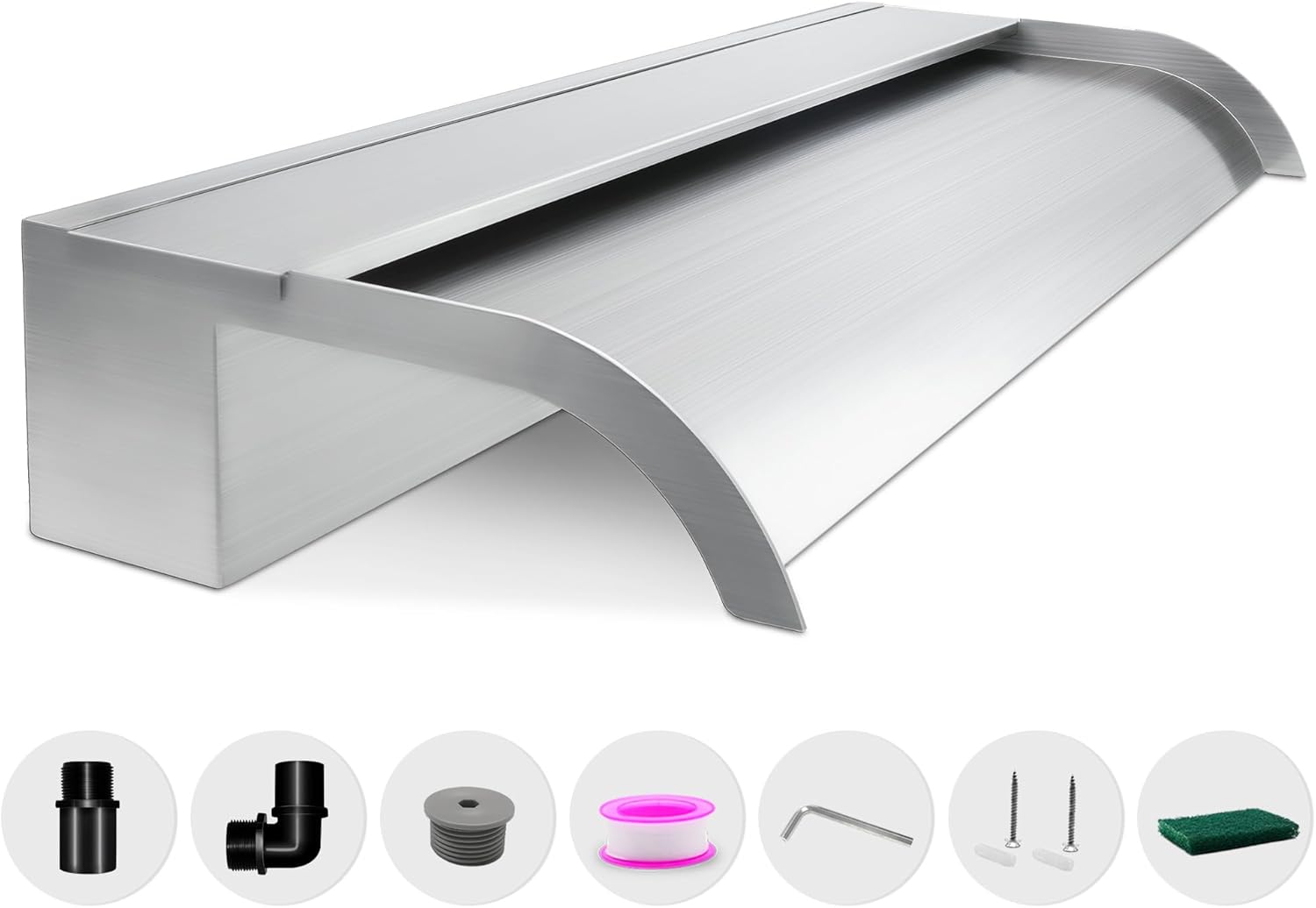 Waterfall Spillway, Stainless Steel Pool Fountain w/Top Open Lip & Pipe Connector Kits for Outdoor/Indoor Decorative, 23.6'' Pool Water Feature for Garden Patio, Backyard Koi Pond Decor Stainless Steel 24 INCH-Curved