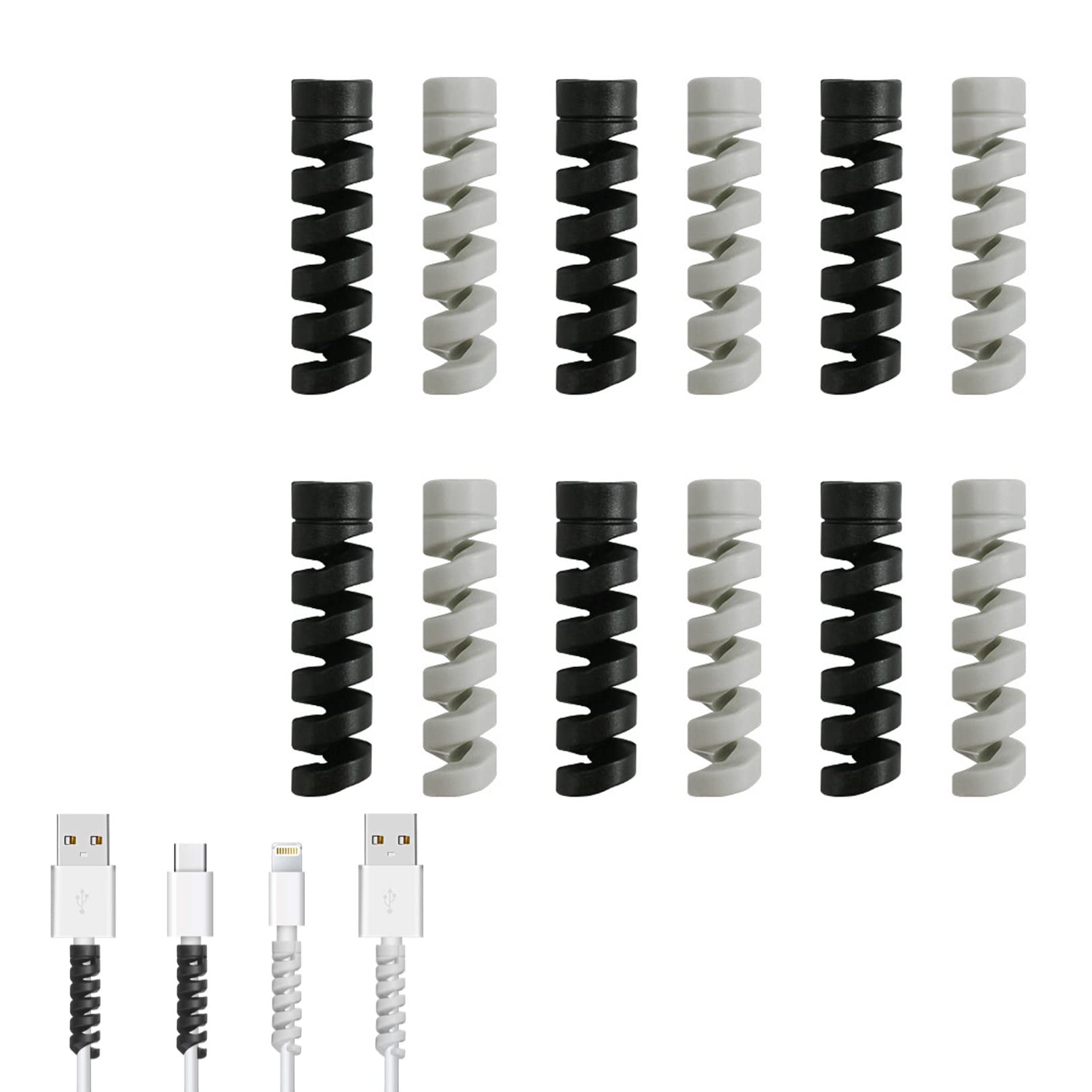 12pcs Charger Cable Saver Protectors,Flexible Silicone Micro USB Protector,Silicone Cord Saver Cable Wire Protector Flexible Spiral Cable Protector Sleeve for Phones Laptops Data Cables(black,Gray)