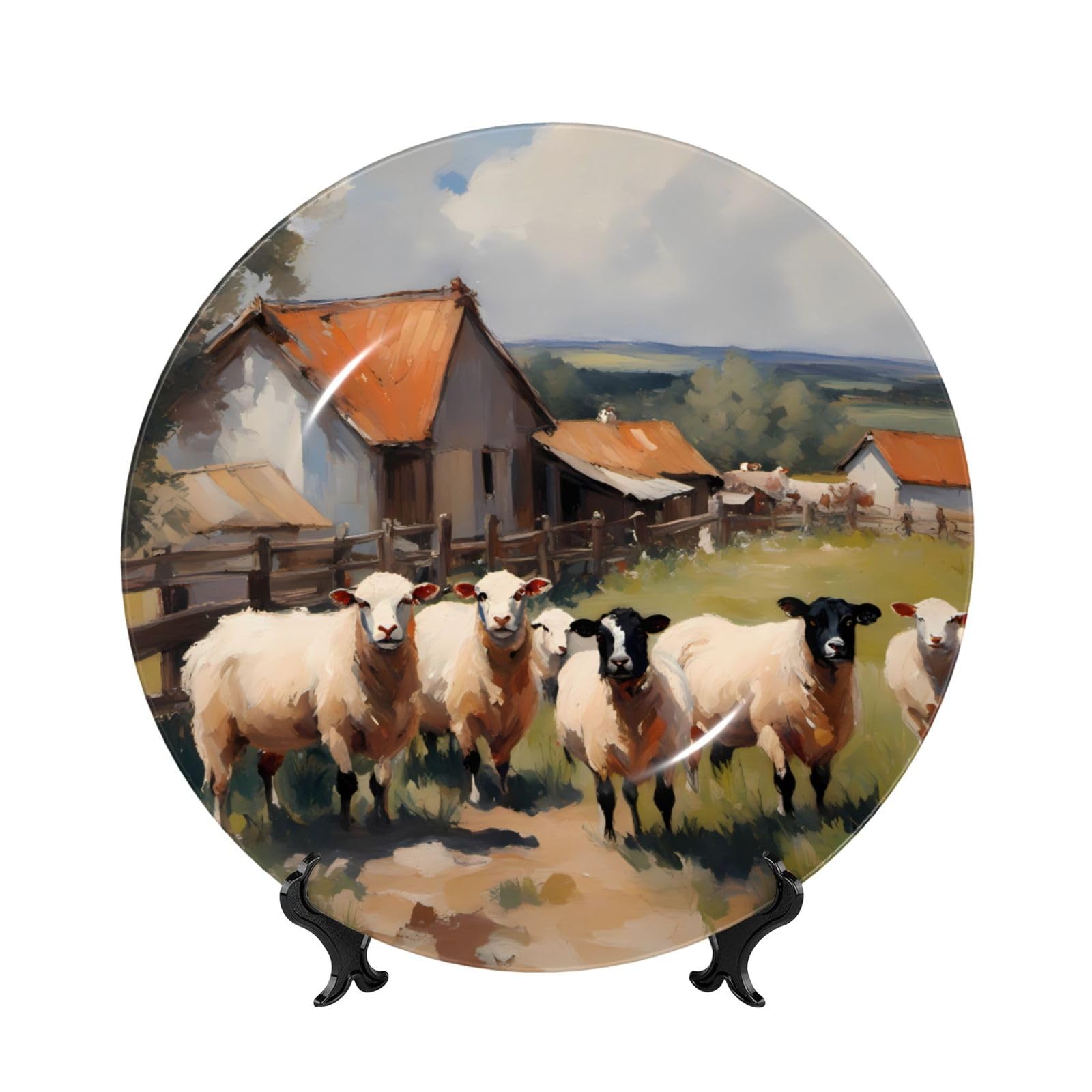 SXZVVBN cute farm animals Bone China Decorative Plate Art with Stand Removable Adhesive Hanging for Home Office 7in