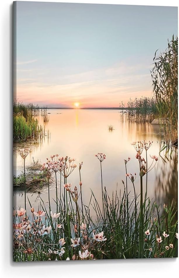 Lake Canvas Wall Art Picture: Sunset Landscape Painting Print Artwork Vertical Nature Scenery Decor for Living Room Bedroom Lake 01 36L" x 24W"