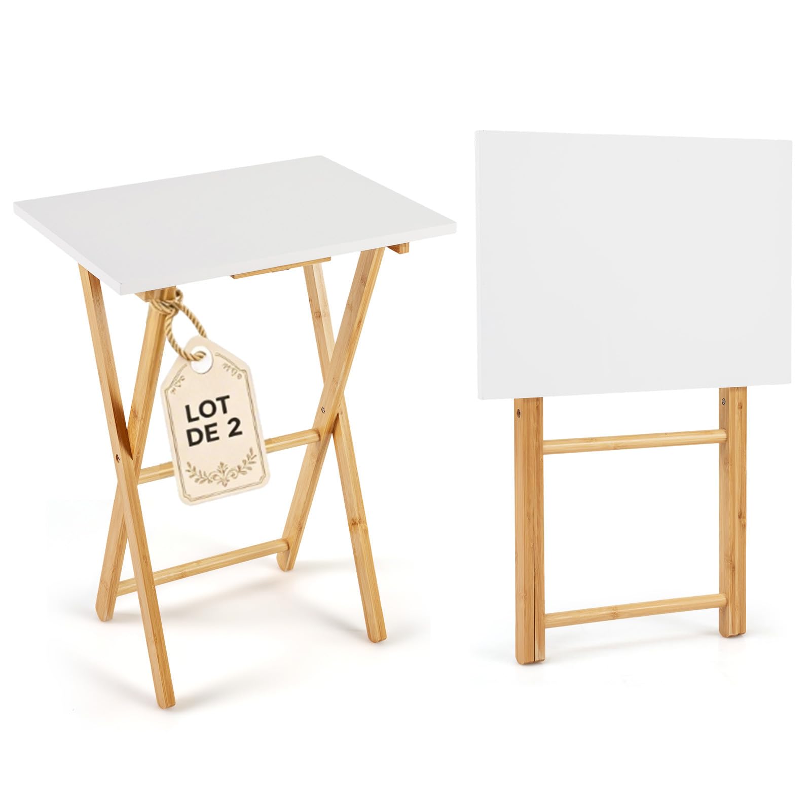 COSTWAY Petite Table Pliante en Bambou Lot de 2, Table d'Appoint de Balcon Portable, 48 x 35 x 64 cm, Montage Facile, pour Salon, Jardin, Appartement, Camping