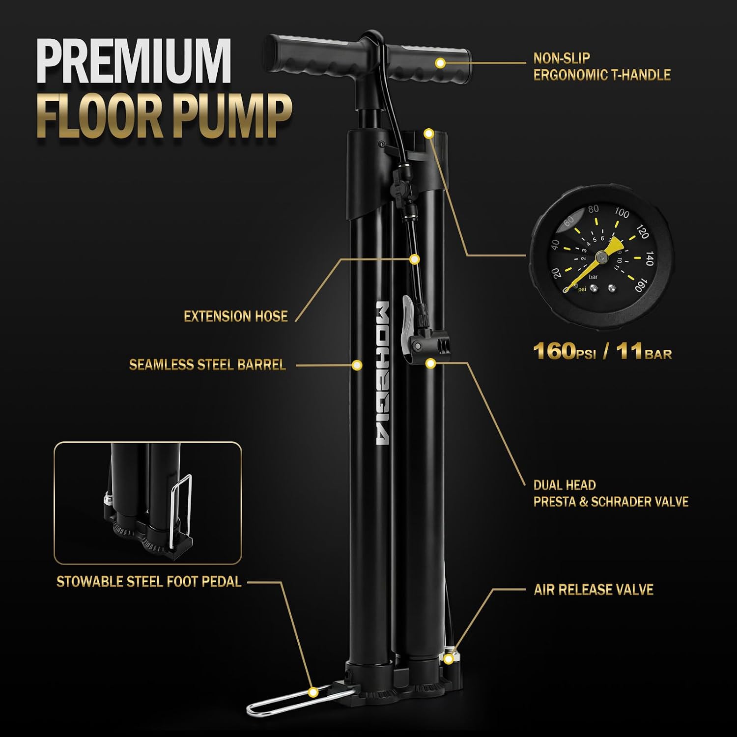 Booster Tire Floor Pump – 160 PSI Dual-Function Air Compressor & Standard Pump for Tubeless Tires & Road Bikes, High Pressure Inflator with Presta and Schrader Valve