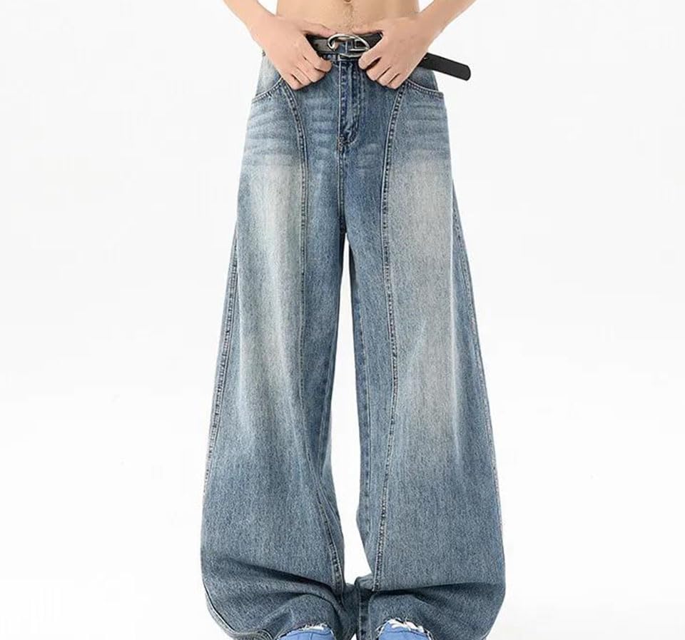 Men’S Wide Leg Washed Jeans High Waist Loose Fit Denim Pants Streetwear Style Zipper Fly Light Wash Jeans2