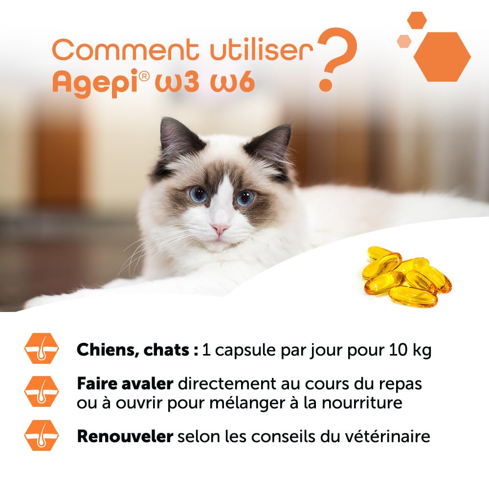 MP Labo Agepi® Omega 3 Omega 6 - 90 Capsules pour Chien et Chat - Riche en Acides Gras Essentiels et Vitamines A et E