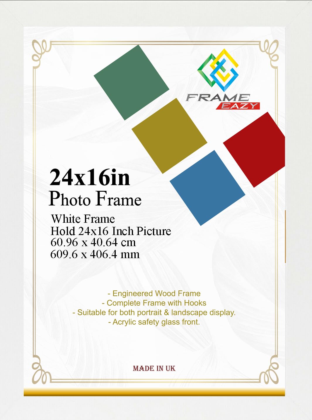 Modern White Frame 24 x 16 Inch (60.96 x 40.64cm) Large Picture Poster Frames with Safe Clear Perspex Front & Wall Mounting - White 16" x 24" Premium Wall Photo Frames