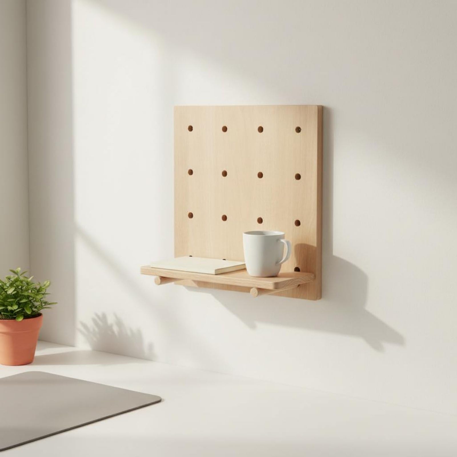 Estantería de Pared Organizador de Tablero Perforado Estante Perchero Soporte Tablero Ajustable con Estantes y Pernos Móviles Decoración Limpia Estilo, Madera Natural A