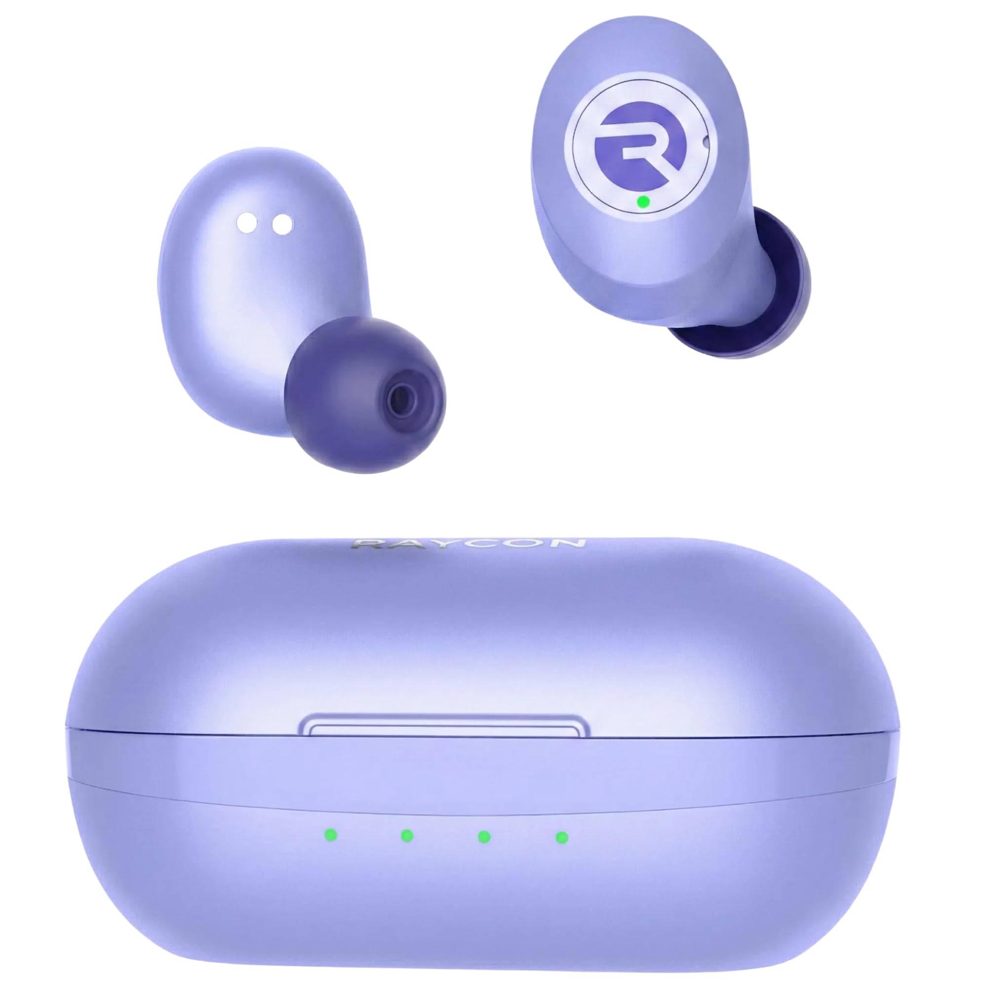 purple raycon bluetooth earbuds with noise canceling