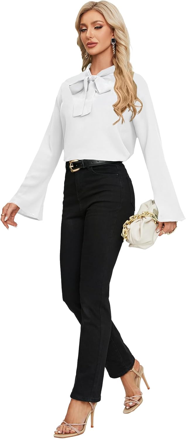 LYANER Women's Elegant Bow Tie Mock Neck Bell Long Sleeve Blouse Shirts Top - Image 6