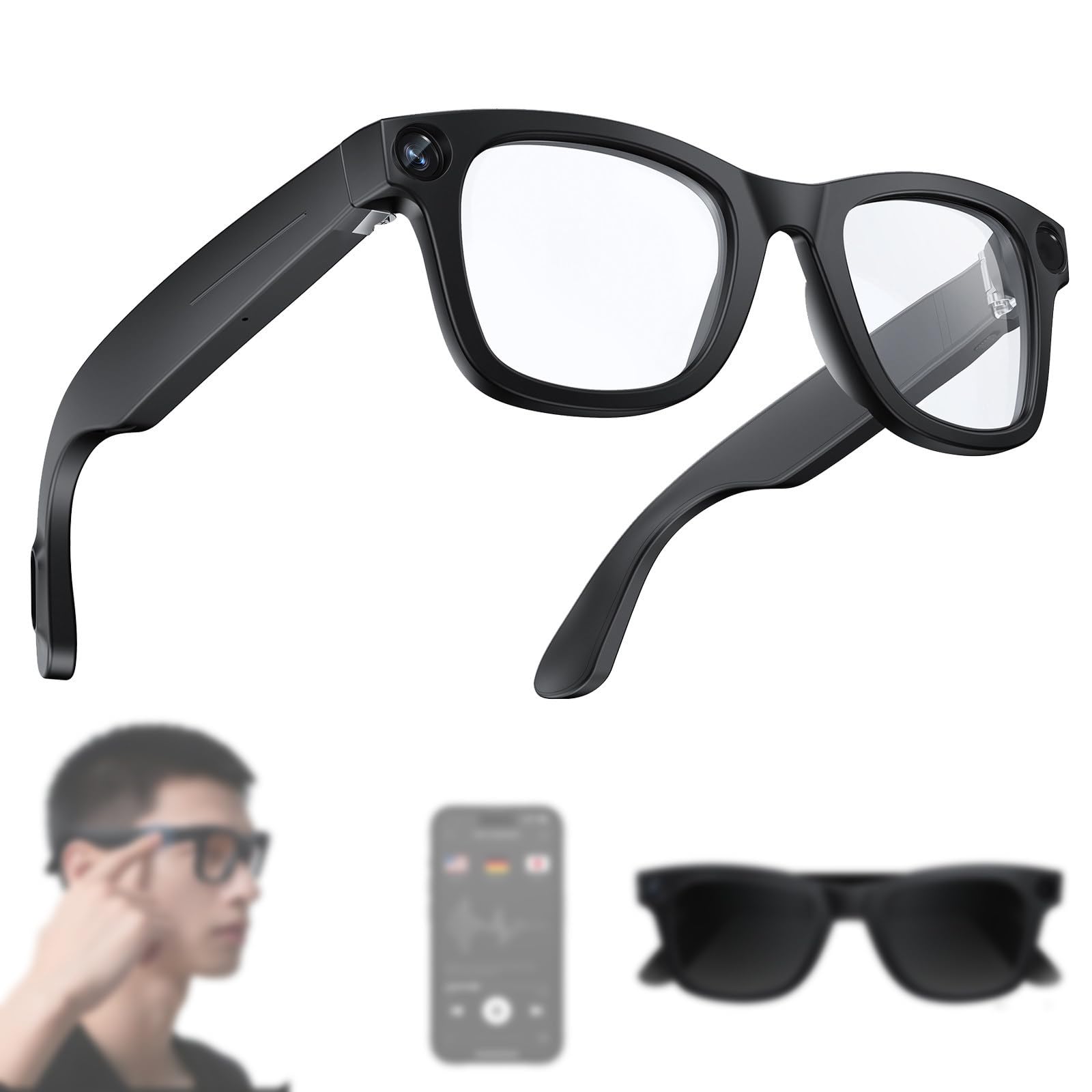 Gafas con IA para Hombre,Mujer,Grabación HD De 1080p,Identificación Abierta,Tecnología Antivibración,Almacenamiento De 32G,Juego De 2 Lentes,Toque Inteligente,Traducción En Tiempo Real Black