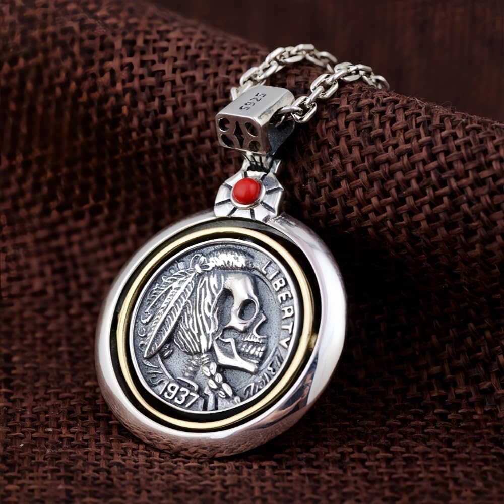 ForFox Vintage 925 Sterling Silber Indianer Totenkopf Spinner Anhänger für Herren Damen