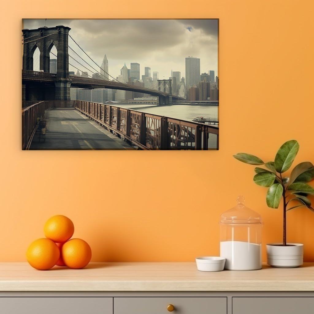 Canvas for Living room. Bridging the Urban Majesty: A Dramatic Portrait of the Brooklyn Bridge Against the Manhattan Skyline, 27 x 18 inch Canvas Wall Art - Ready to Hang