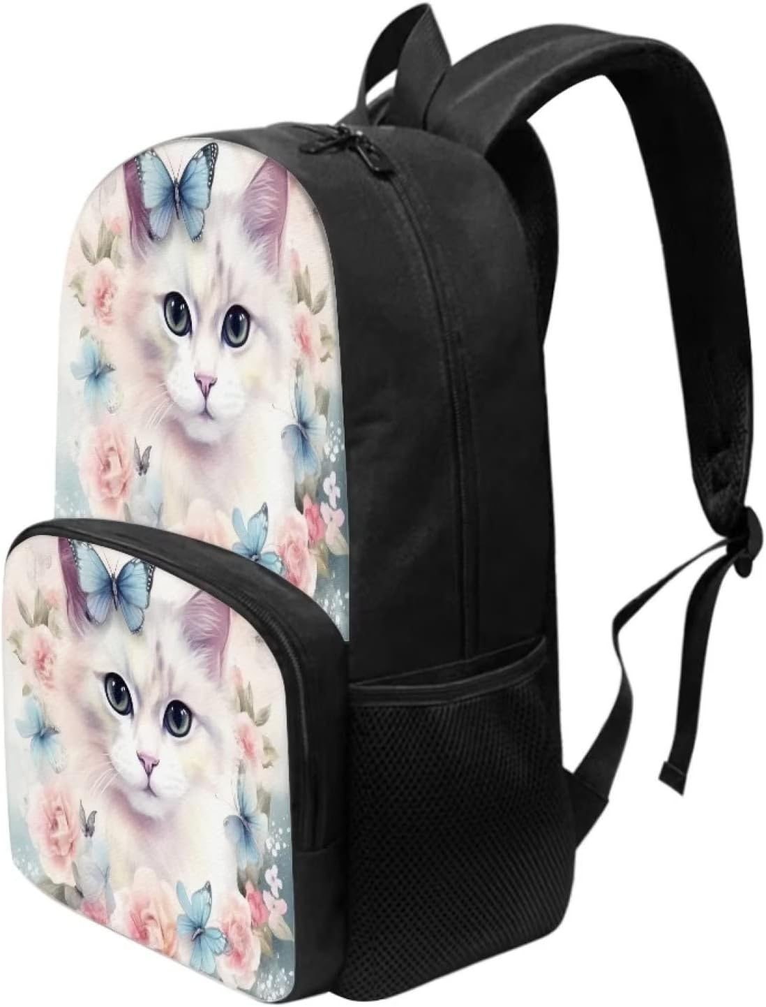 Modysero Cute Floral Cat Print Girls Backpack Adjustable Strap Lightweight Large Capacity School Backpack for Teen Girls Travel Laptop 17 Inch Book Bag with Two Side Bottle Pocket