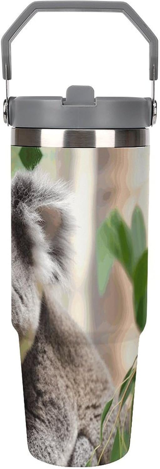 30oz Insulated Tumblers with Top Handle, Stainless Steel Cute Koala Car Cup with Straw for Gift, Leak-Proof Double Wall Vacuum Travel Mug, Personalized Water Bottles White