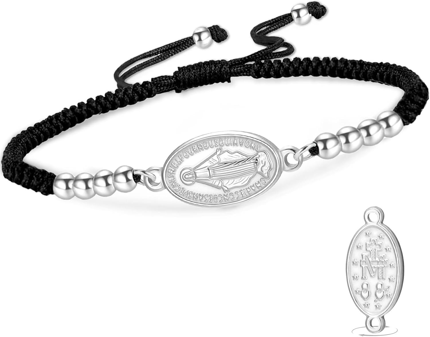 Eouyt Double Sided Rosary Bracelet for Women Men with Virgin Mary Medal Handmade Braided Rope Religious Jewelry Catholic Christian Gift, silver 5