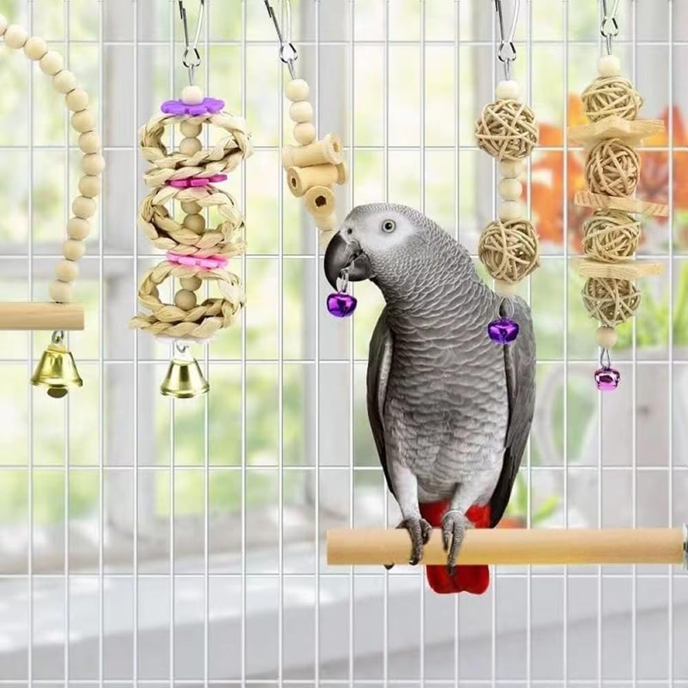 Giochi per Pappagalli, Confezione da 8 Pezzi, Altalene per Parrocchetti e Cockatiels, Giocattolo da Masticare per Uccelli Adorabili