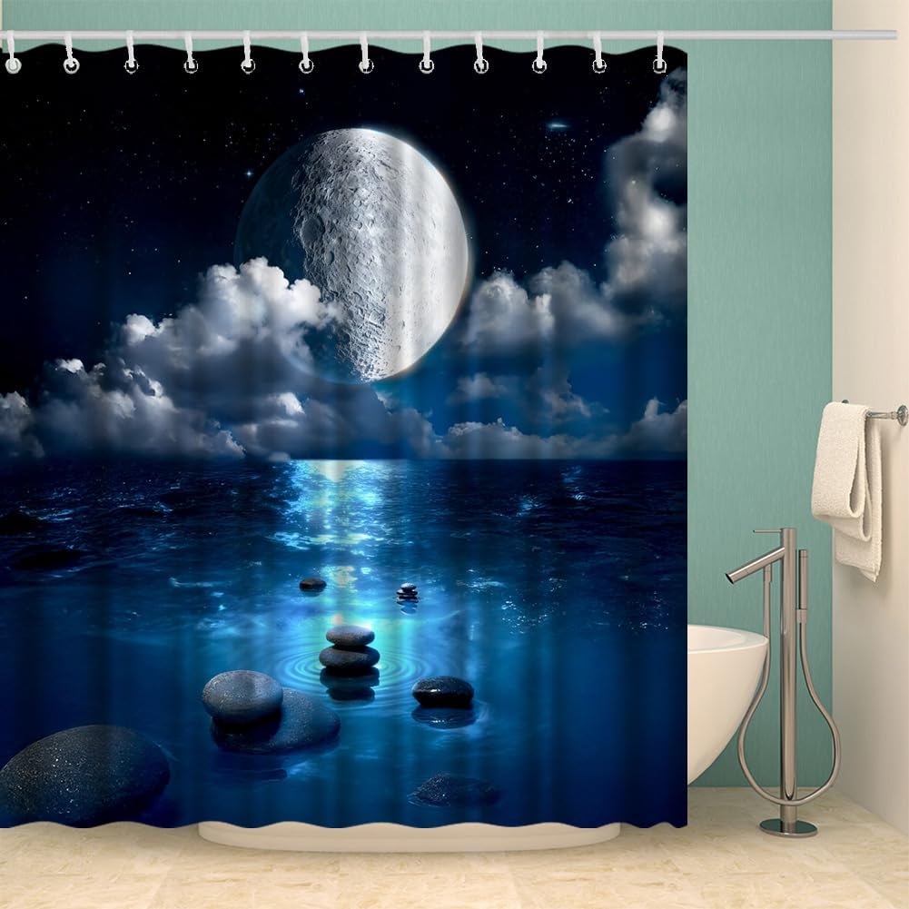 Full Moon Shower Curtain 72 x 72 Inches Zen Stone Waterproof Blue Fabric Bathroom Decor Set