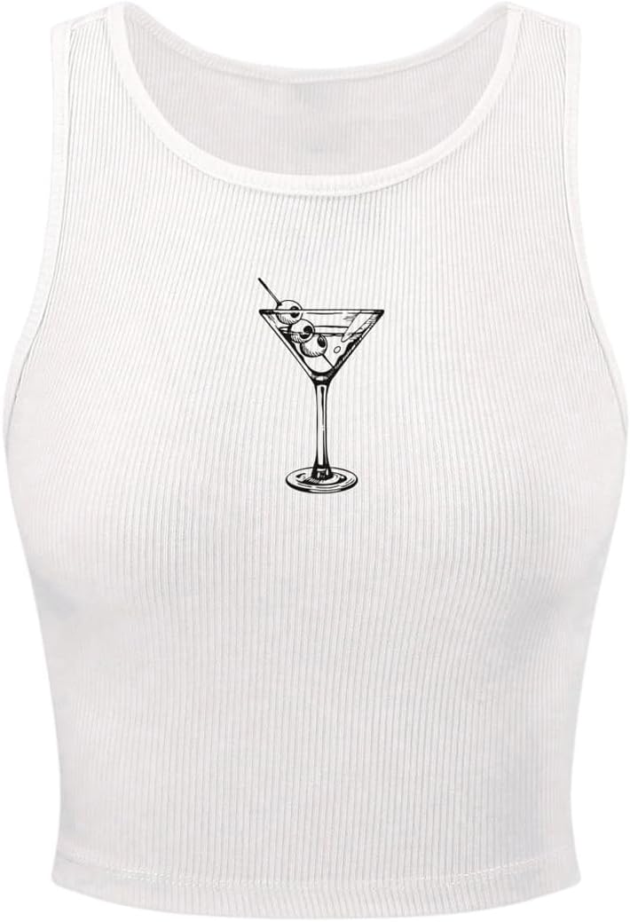 Women's Sleeveless Ribbed Knit Tank Top Graphic Print Crew Neck Tee Shirt Casual Slim Fit Crop Tops