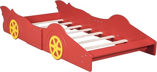 Miniatura 4 de SOFTSEA Cama de plataforma en forma de auto de tamaño individual, cama de auto de carreras con ruedas para niños y niñas, marco de cama de piso para