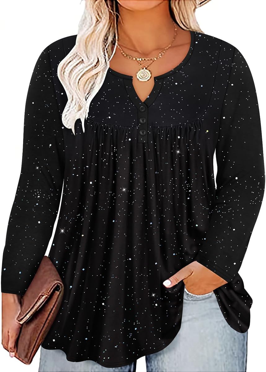 RITERA Plus Size Long Sleeve Tunic Tops for Women Henley V Neck T-Shirt V Neck Casual Blouses Fall Winter Halloween Christmas