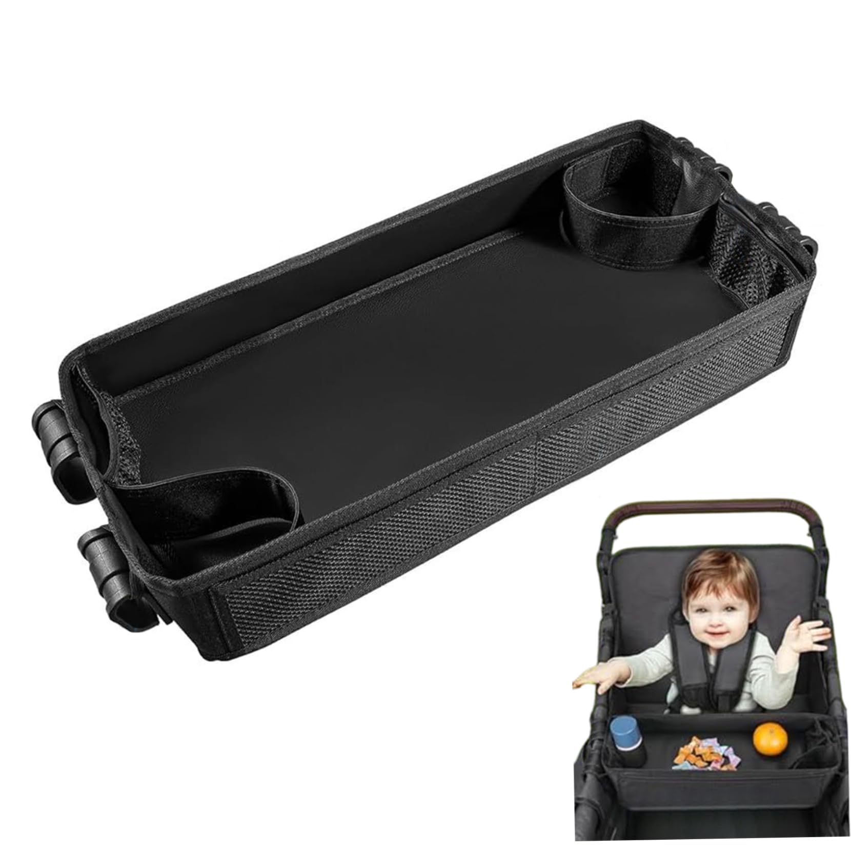 Stroller Snack Tray 20.5x9.3 Inch Snack Tray with Side Mesh Pocket and Cup Holders, Double Sided Bottom Padding Wagon Stroller Accessories