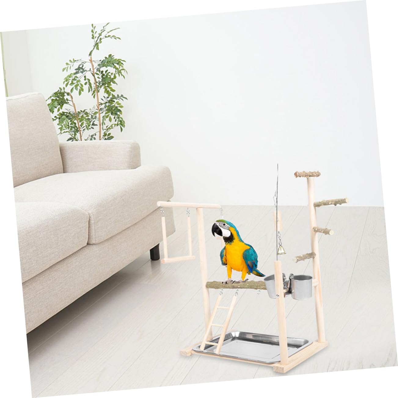 TOYANDONA Parco Giochi Interattivo per Pappagalli con Struttura in Plastico Minimalista ed Elegante, Supporto da Pavimento con Scaletta e Posatoi per Conuri e Cockatiel in Casa